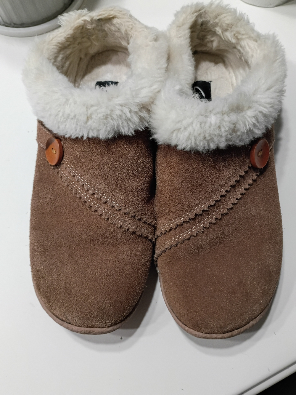 Women's Brown Faux-Suede Slip-On Boots with Cream Faux-Fur Collar